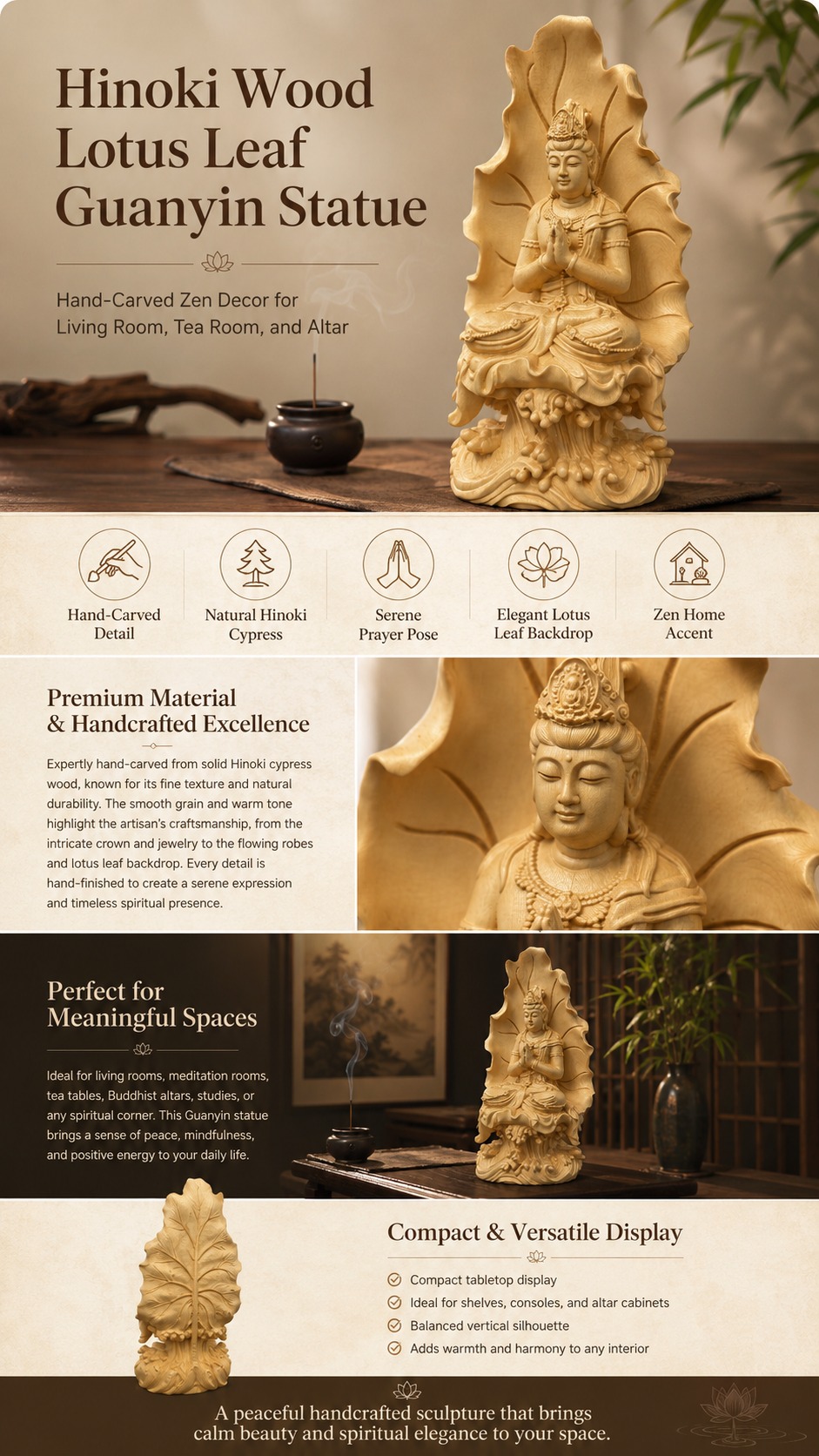 Lotus Guanyin Bodhisattva Wood Statue, approved detail product view.