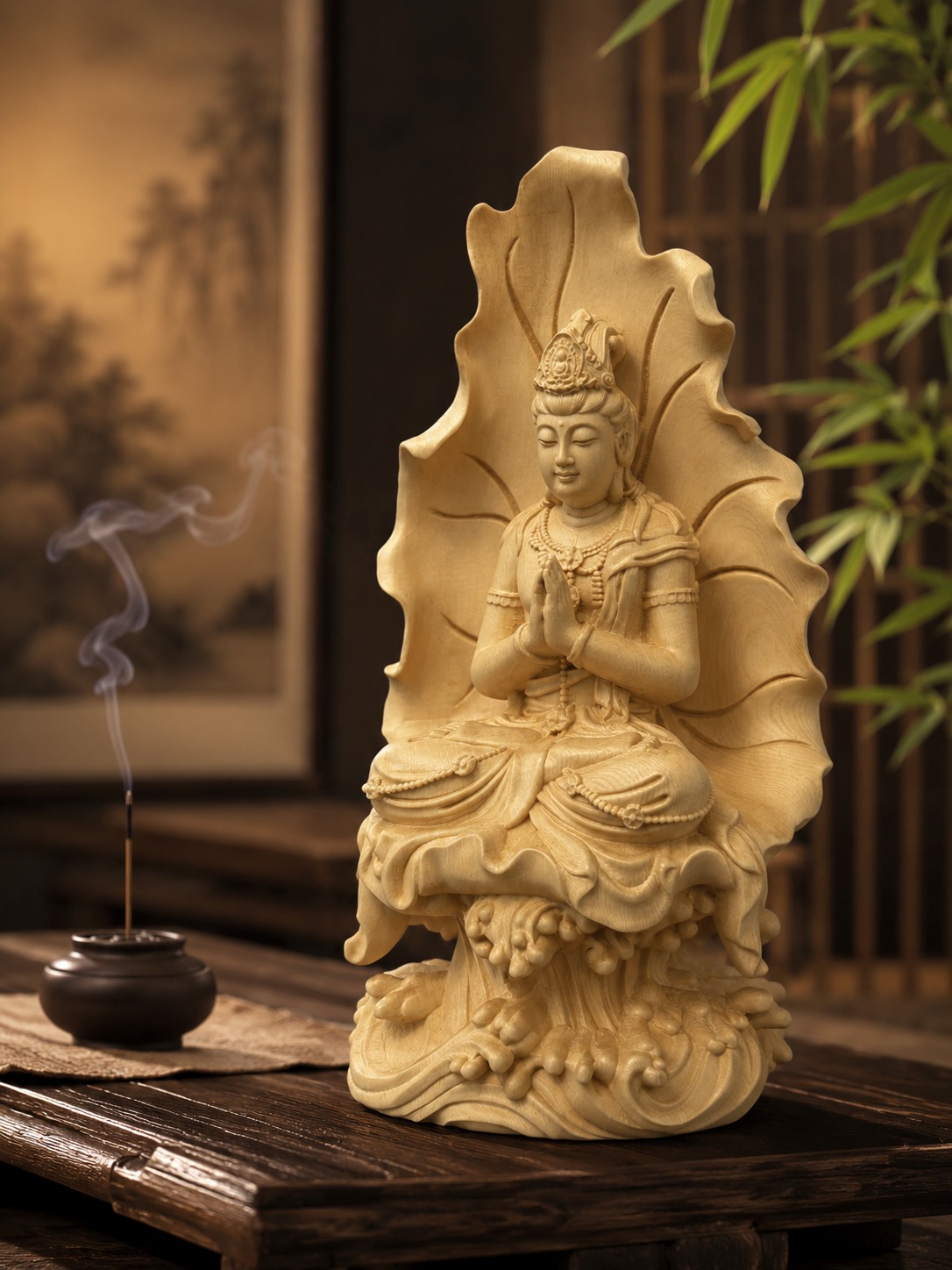 Lotus Guanyin Bodhisattva Wood Statue, approved scene product view.