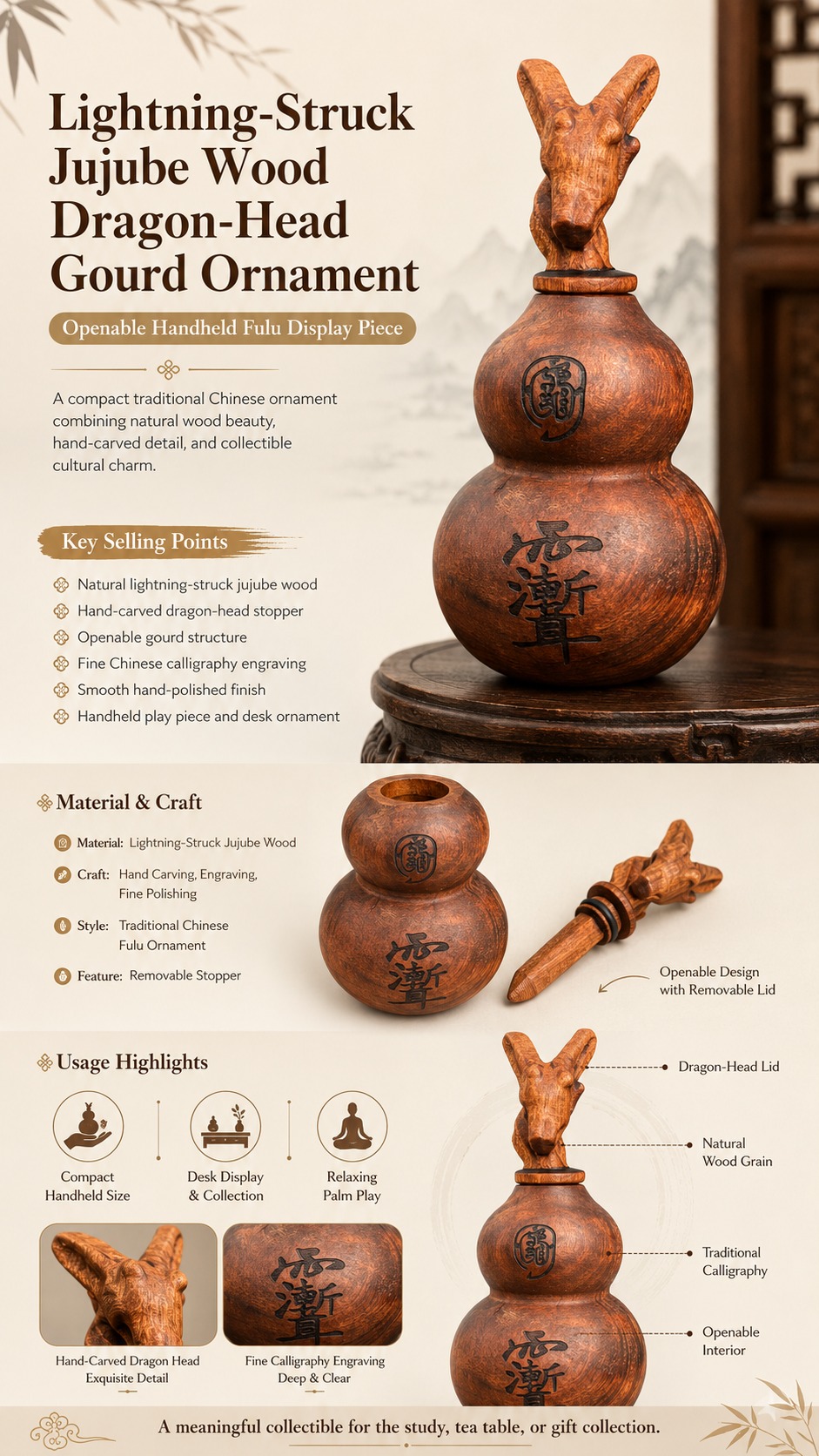 Dragon Head Gourd Ornament Wood Sculpture, approved main product view.