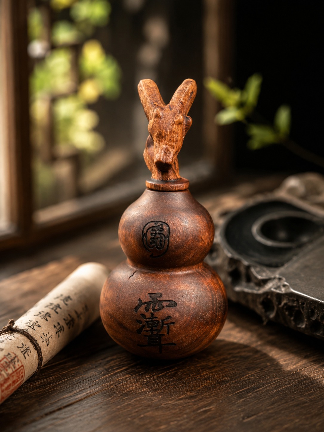 Dragon Head Gourd Ornament Wood Sculpture, approved scene product view.