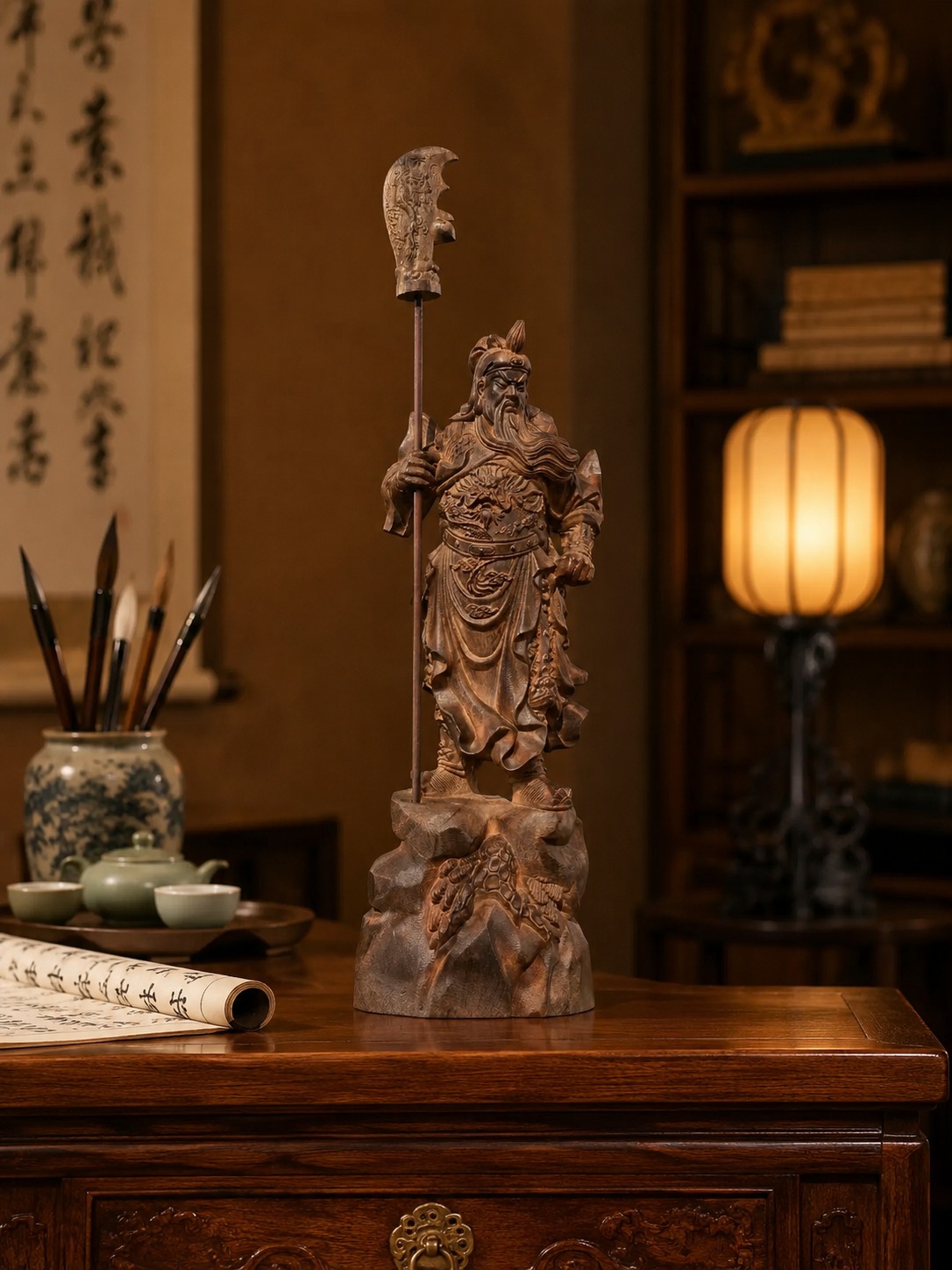 Wood Guan Gong carving displayed in a warm interior setting