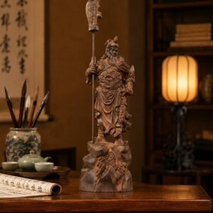 Guan Gong Wood Statue, approved scene product view.