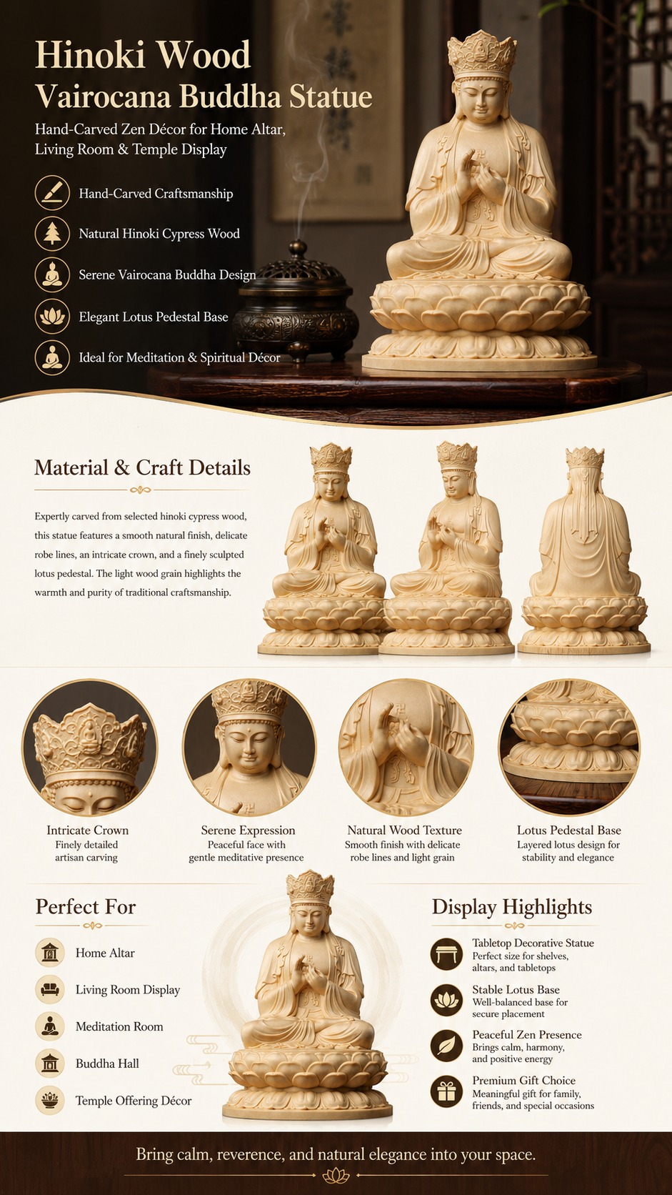 Vairocana Buddha Wood Statue, approved detail product view.