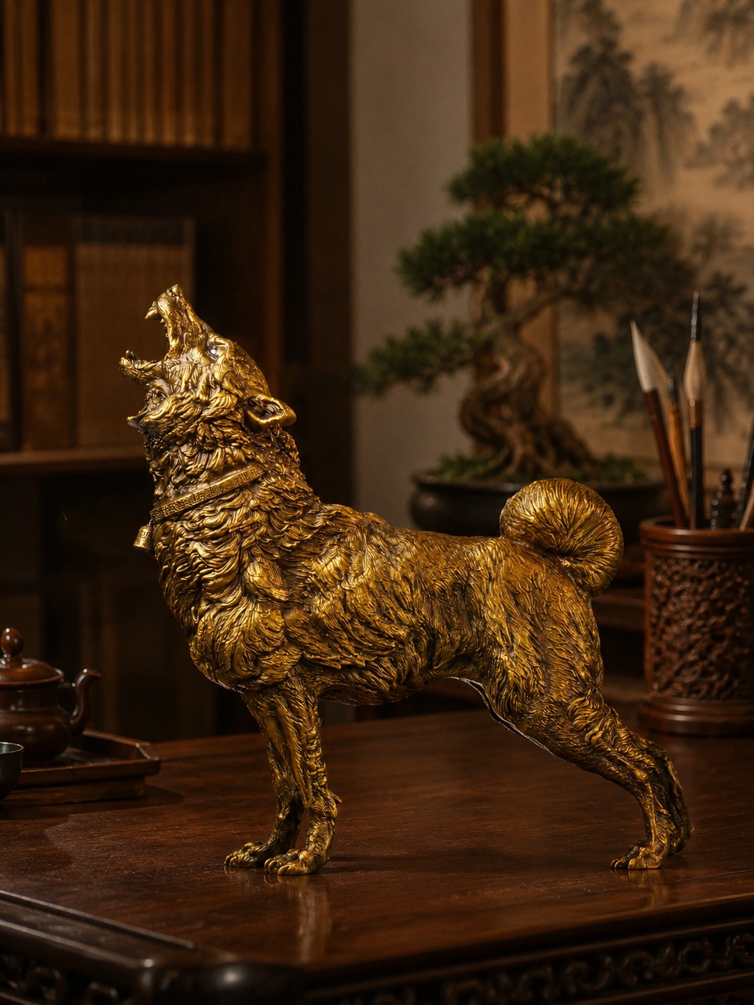 Dog Brass Sculpture, approved scene product view.
