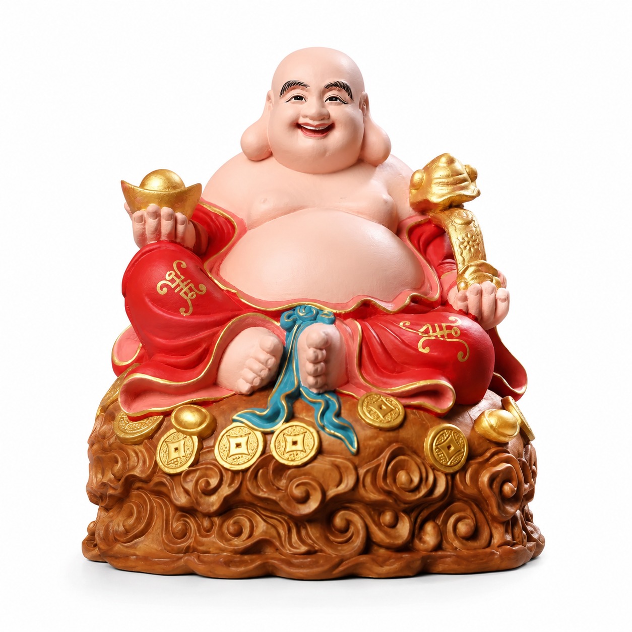 Maitreya Buddha Smiling Wood Statue, approved main product view.
