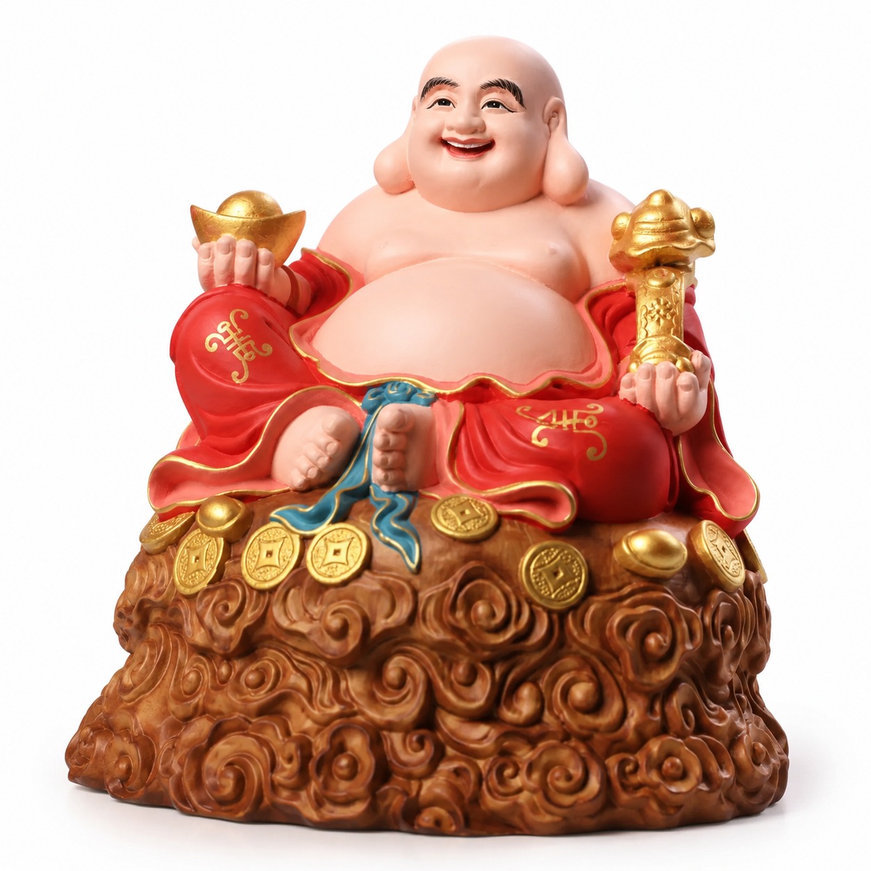 Maitreya Buddha Smiling Wood Statue, approved main product view.