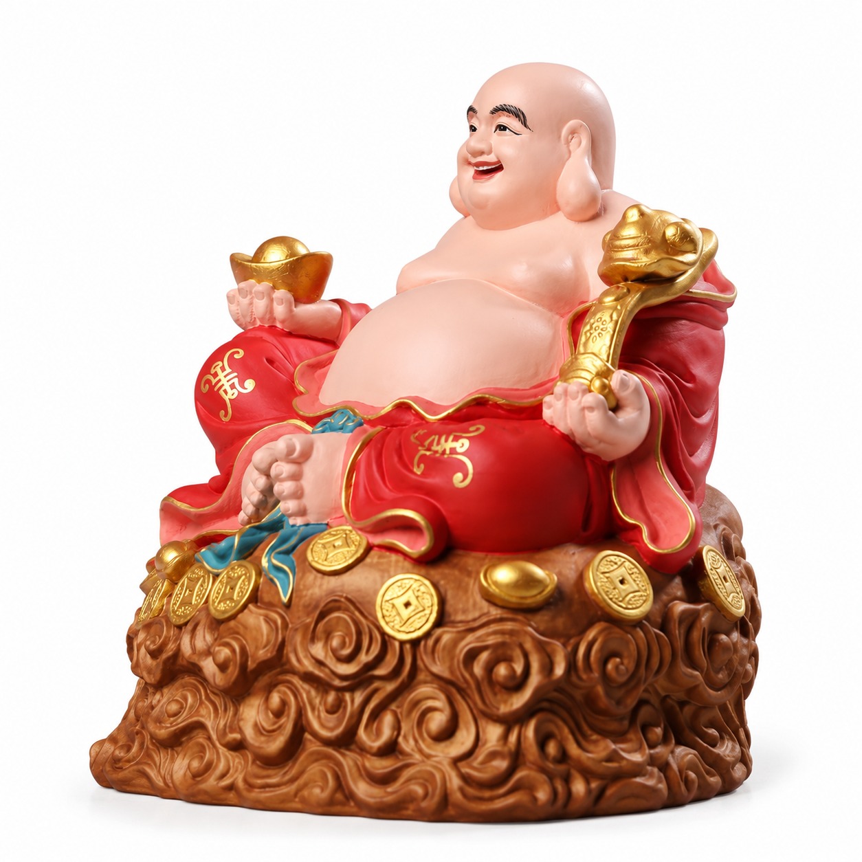 Maitreya Buddha Smiling Wood Statue, approved main product view.