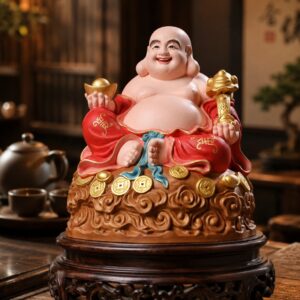 Maitreya Buddha Smiling Wood Statue, approved main product view.