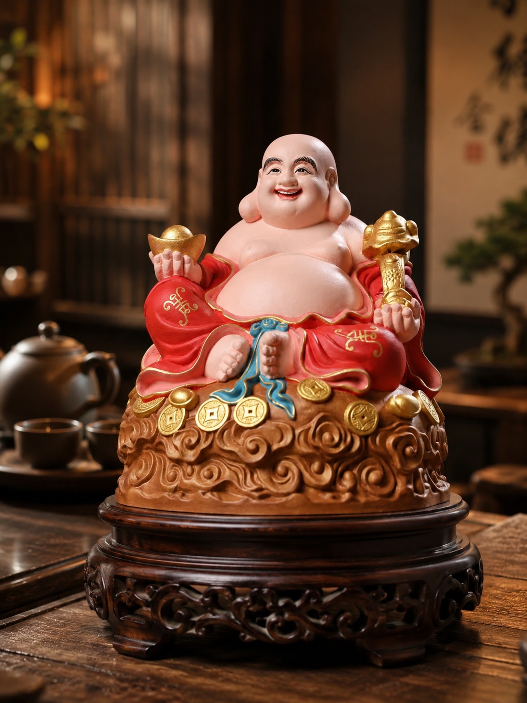 Maitreya Buddha Smiling Wood Statue, approved main product view.