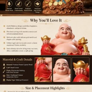 Maitreya Buddha Smiling Wood Statue, approved detail product view.