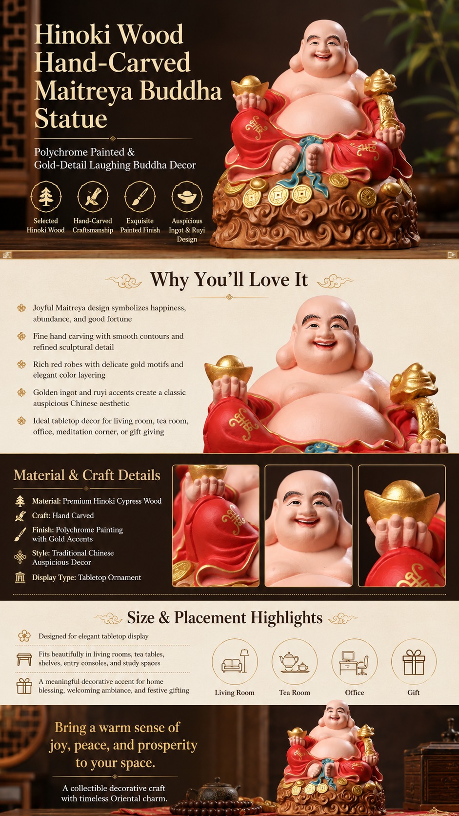 Maitreya Buddha Smiling Wood Statue, approved detail product view.