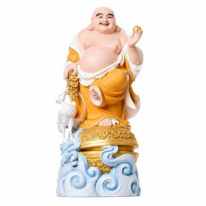 Laughing Buddha with Crane Wood Statue, approved main product view.