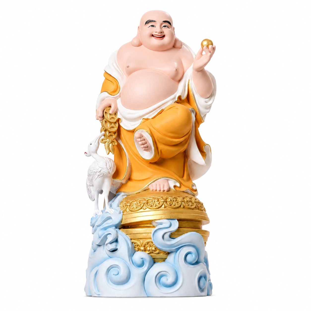 Laughing Buddha with Crane Wood Statue, approved main product view.