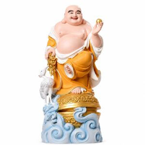 Laughing Buddha with Crane Wood Statue, approved main product view.
