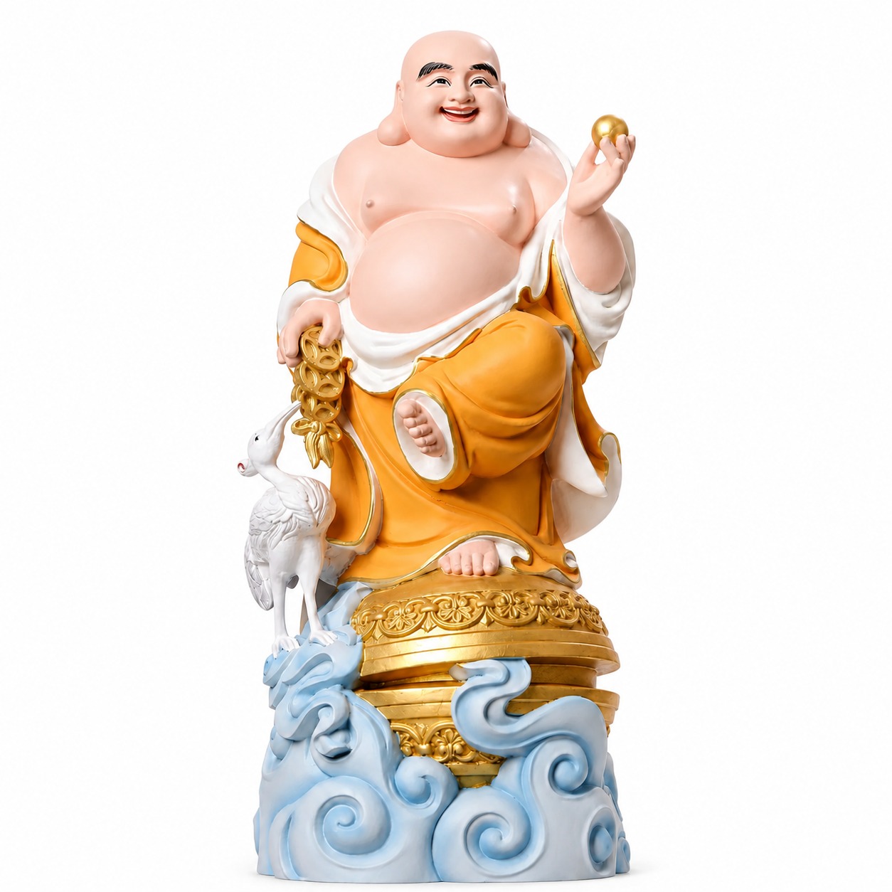 Laughing Buddha with Crane Wood Statue, approved main product view.