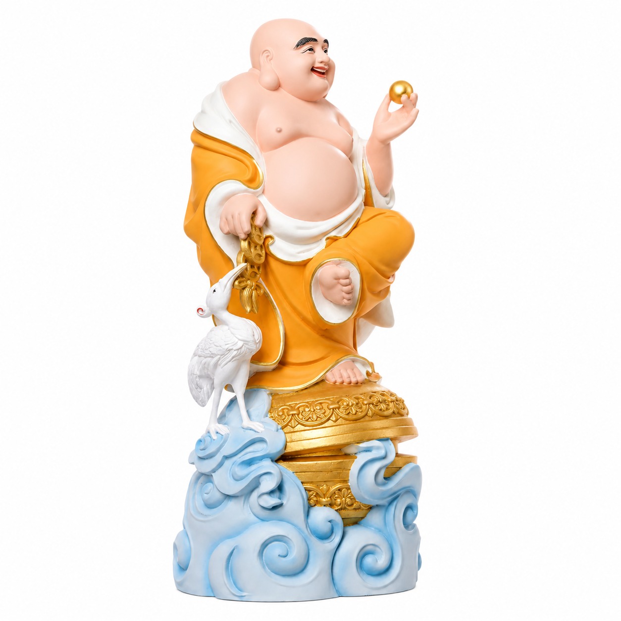 Laughing Buddha with Crane Wood Statue, approved main product view.