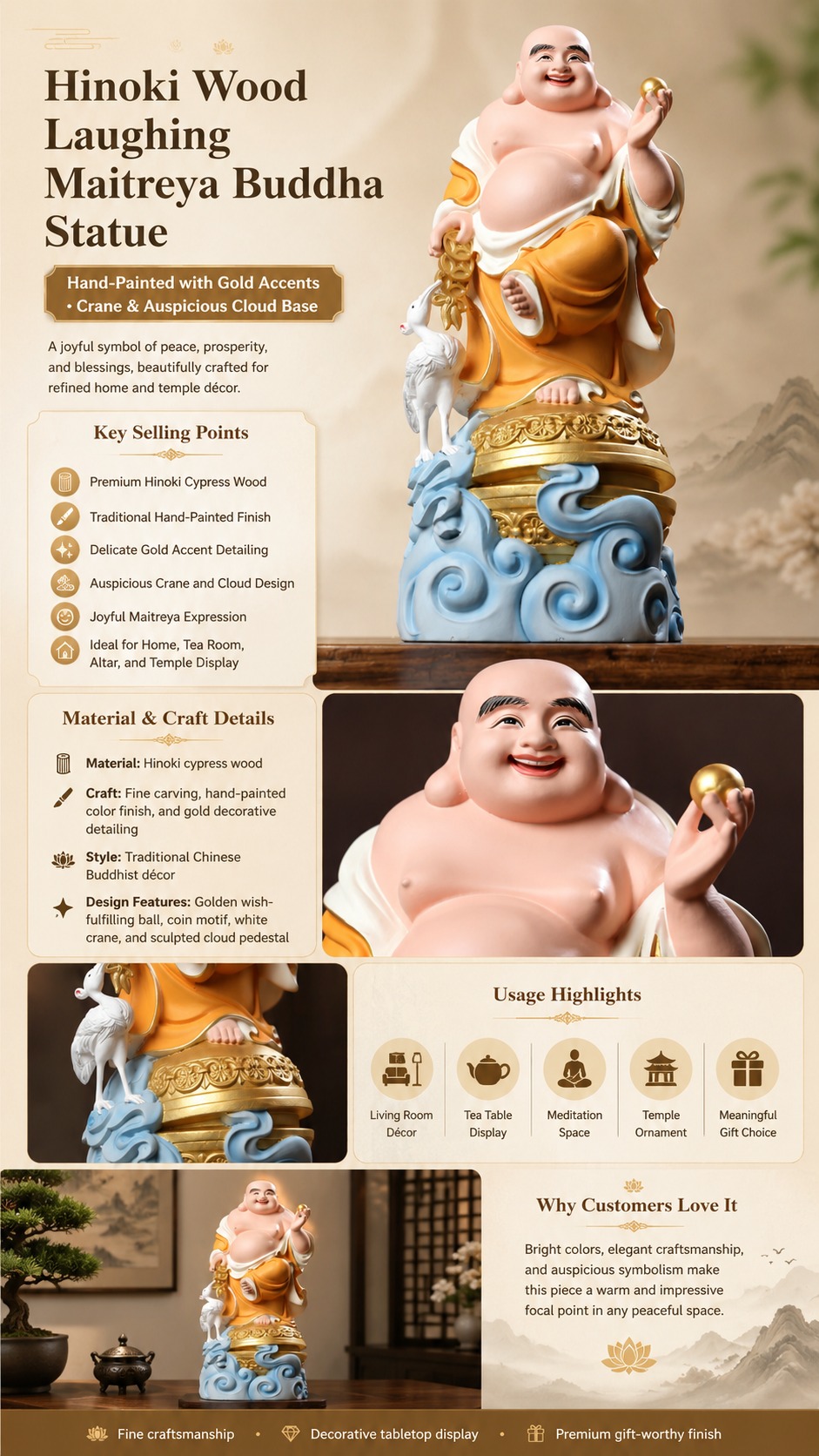Laughing Buddha with Crane Wood Statue, approved main product view.