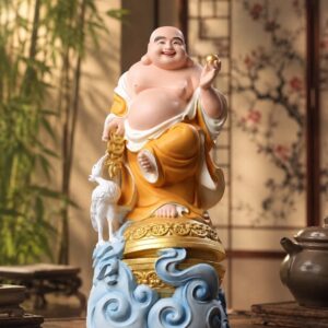 Laughing Buddha with Crane Wood Statue, approved main product view.