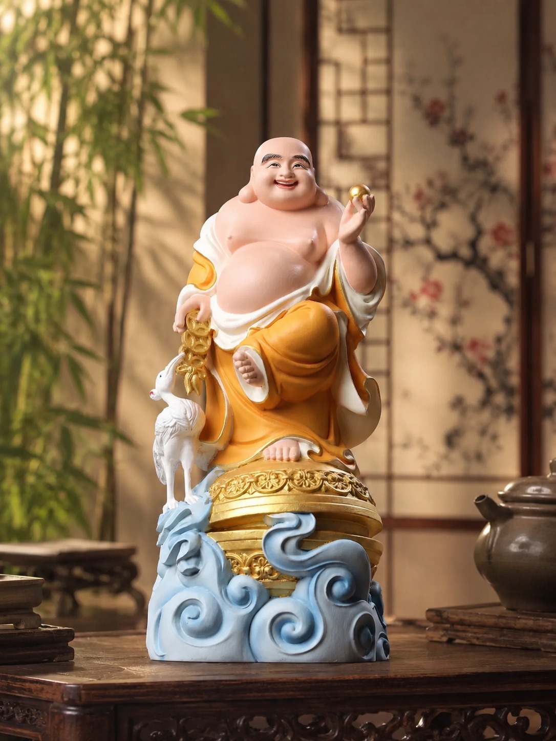 Laughing Buddha with Crane Wood Statue, approved main product view.