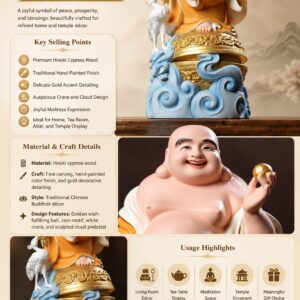 Laughing Buddha with Crane Wood Statue, approved detail product view.