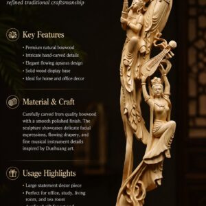 Dunhuang Flying Apsaras Lute Playing Lady Wood Statue, approved main product view.