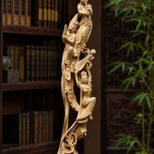 Dunhuang Flying Apsaras Lute Playing Lady Wood Statue, approved main product view.