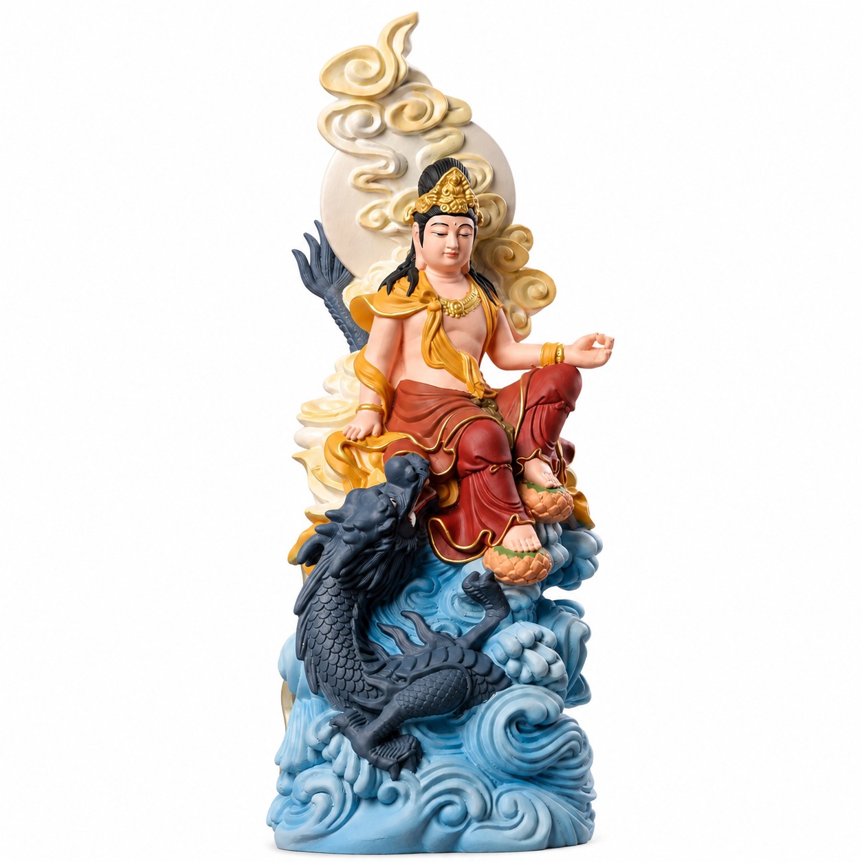 Guanyin Bodhisattva Riding Dragon Wood Statue, approved main product view.
