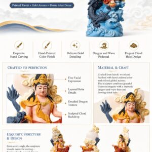 Guanyin Bodhisattva Riding Dragon Wood Statue, approved detail product view.