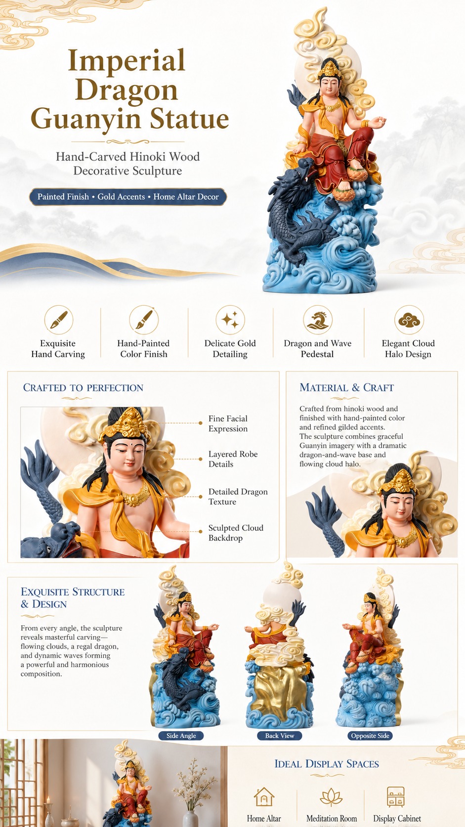 Guanyin Bodhisattva Riding Dragon Wood Statue, approved detail product view.