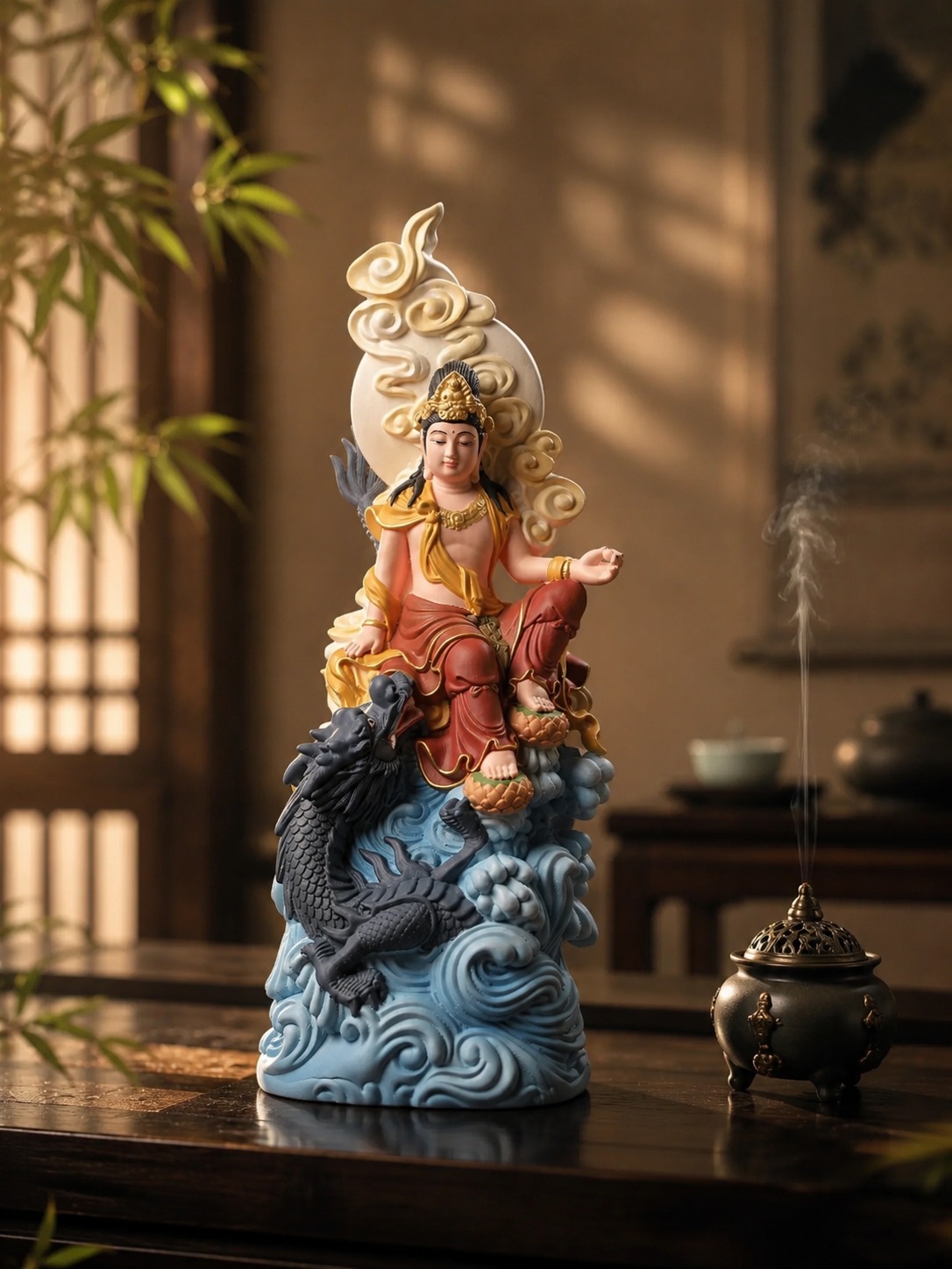 Guanyin Bodhisattva Riding Dragon Wood Statue, approved scene product view.
