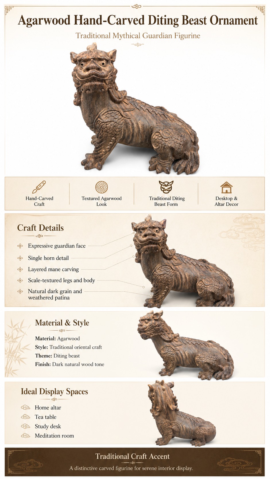 Di Ting Wood Statue Mythical Beast Figurine, approved main product view.