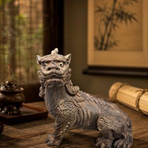 Di Ting Wood Statue Mythical Beast Figurine, approved scene product view.