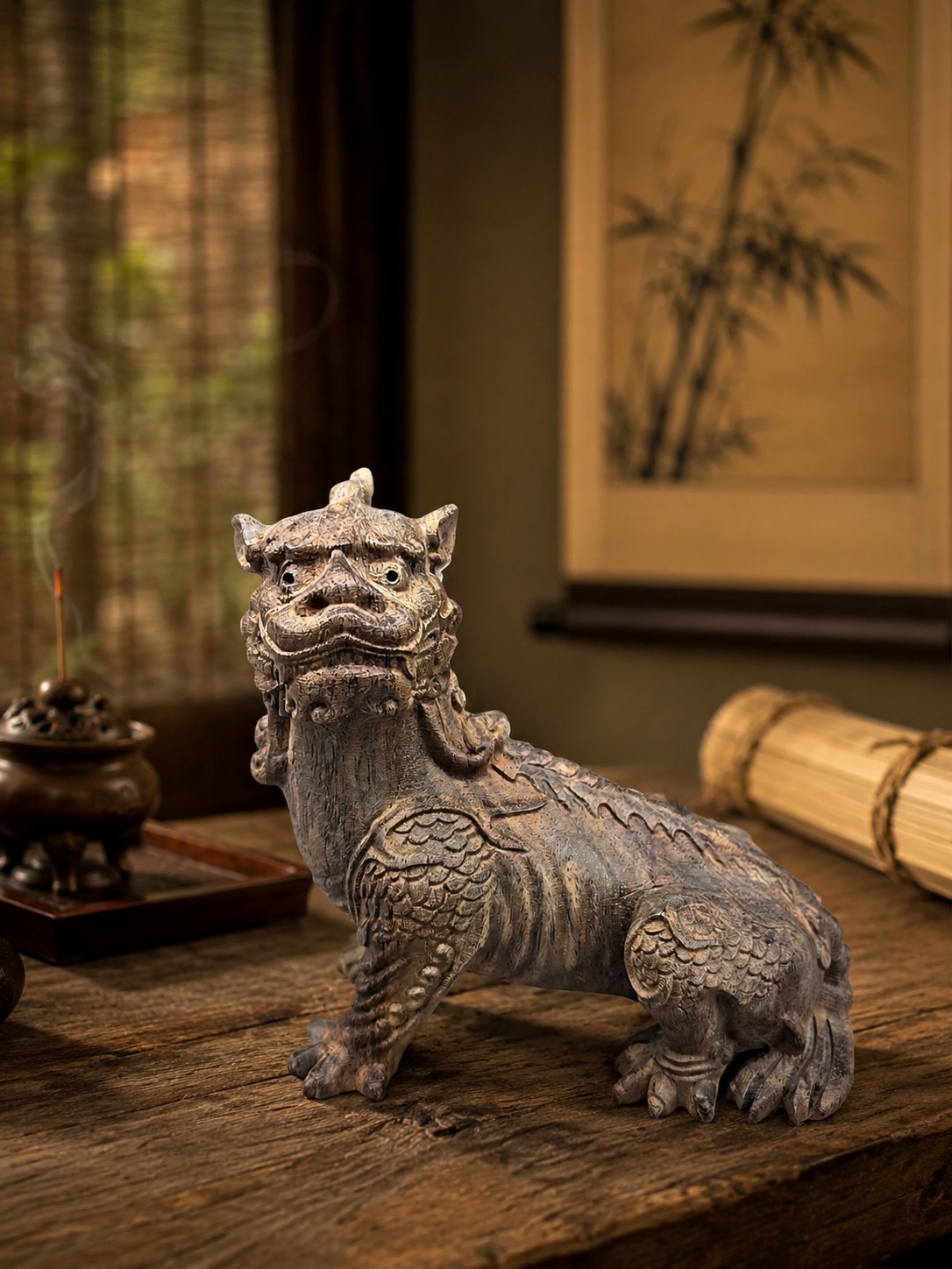 Di Ting Wood Statue Mythical Beast Figurine, approved scene product view.