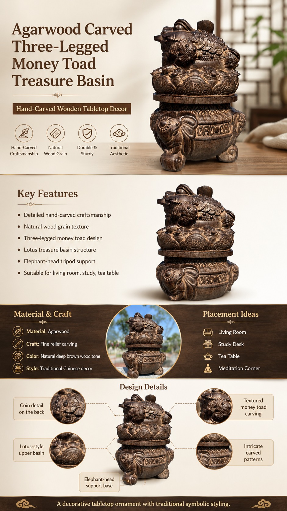Three Legged Toad Basin Wood Sculpture, approved detail product view.