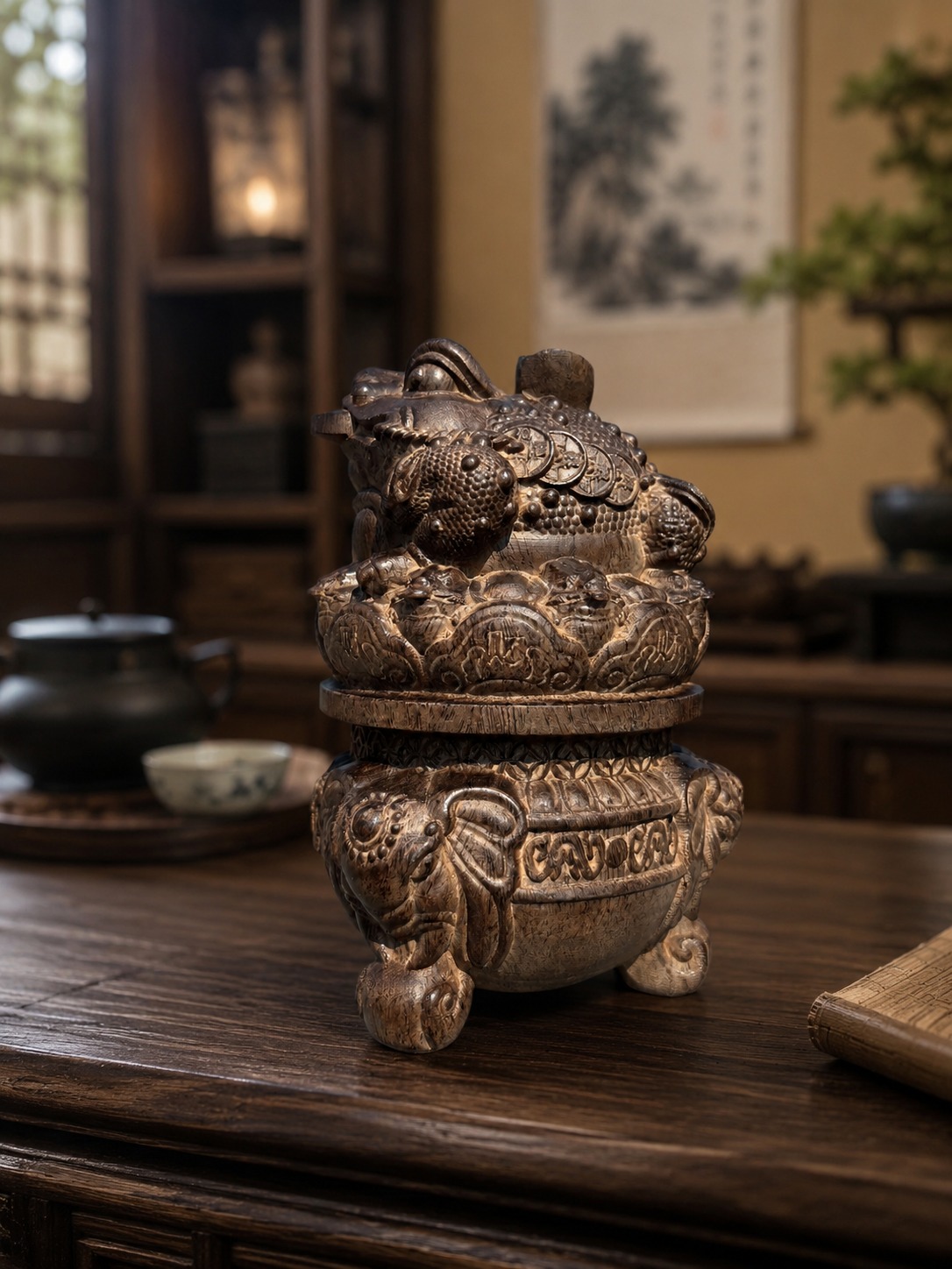 Three Legged Toad Basin Wood Sculpture, approved scene product view.