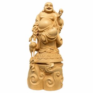 Approved product image of Maitreya Laughing Buddha Wood Statue. Inspect the listed facts separately.