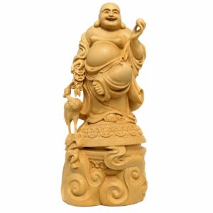Approved product image of Maitreya Laughing Buddha Wood Statue. Inspect the listed facts separately.
