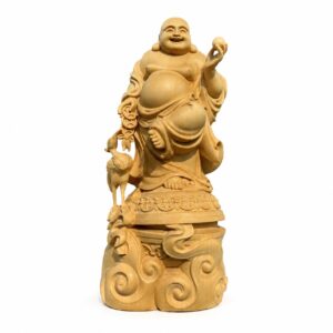 Approved product image of Maitreya Laughing Buddha Wood Statue. Inspect the listed facts separately.