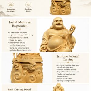 Approved product image of Maitreya Laughing Buddha Wood Statue. Inspect the listed facts separately.