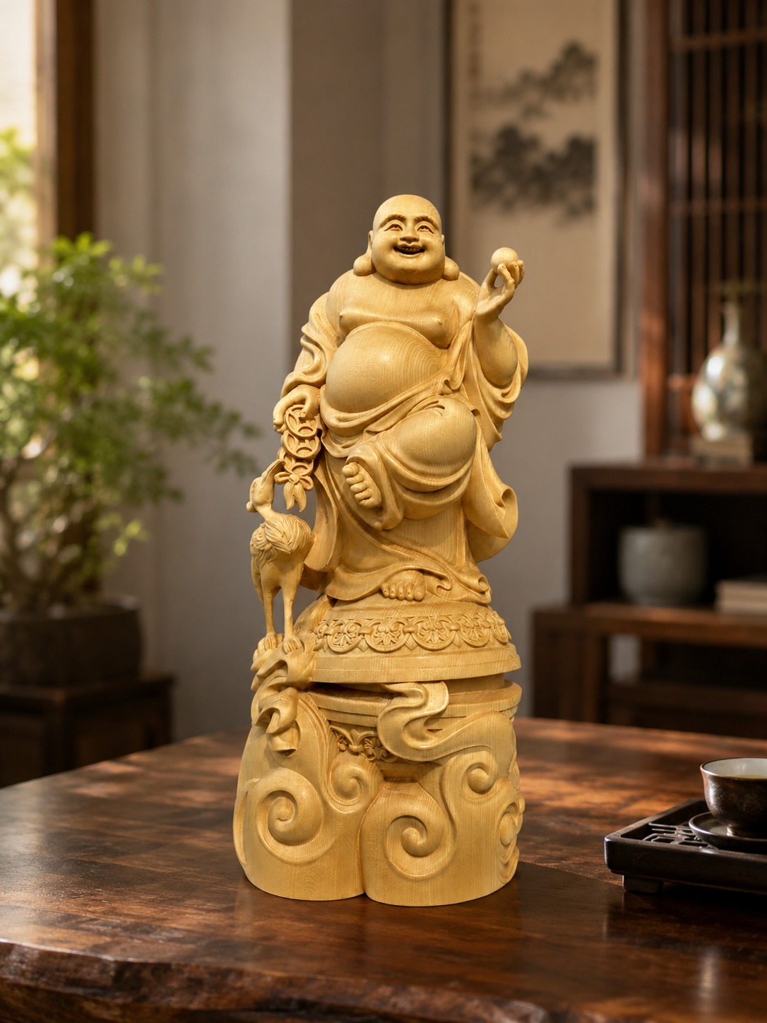 Light wood Maitreya carving displayed in a warm interior setting