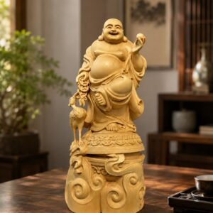 Approved display image of Maitreya Laughing Buddha Wood Statue. Use the listed measurements for placement.
