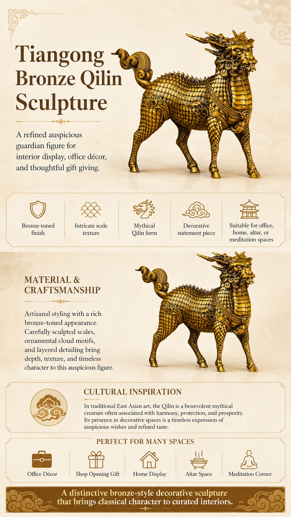 Qilin Beast Brass Statue, approved detail product view.