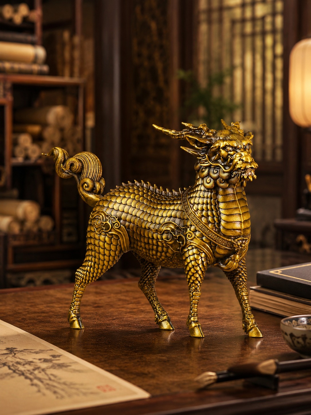 Qilin Beast Brass Statue, approved scene product view.
