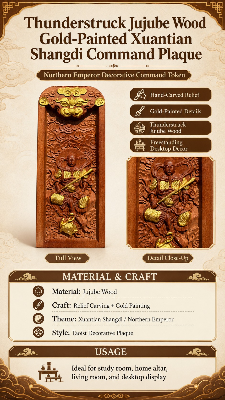 Wood Token Five Command Statue, approved detail product view.