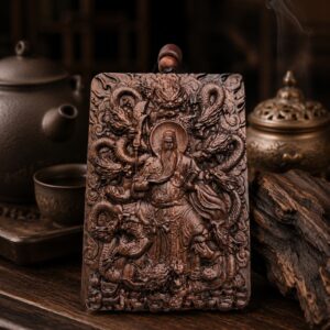 Guan Gong Nine Dragon Wood Pendant Amulet, approved scene product view.