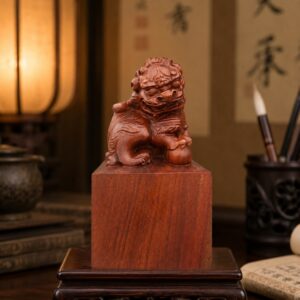 Guardian Lion Seal Ornament Wood Sculpture, approved scene product view.