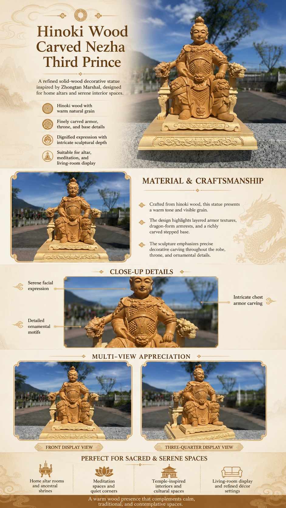 Nezha Wood Statue Third Prince Marshal Figurine, approved main product view.