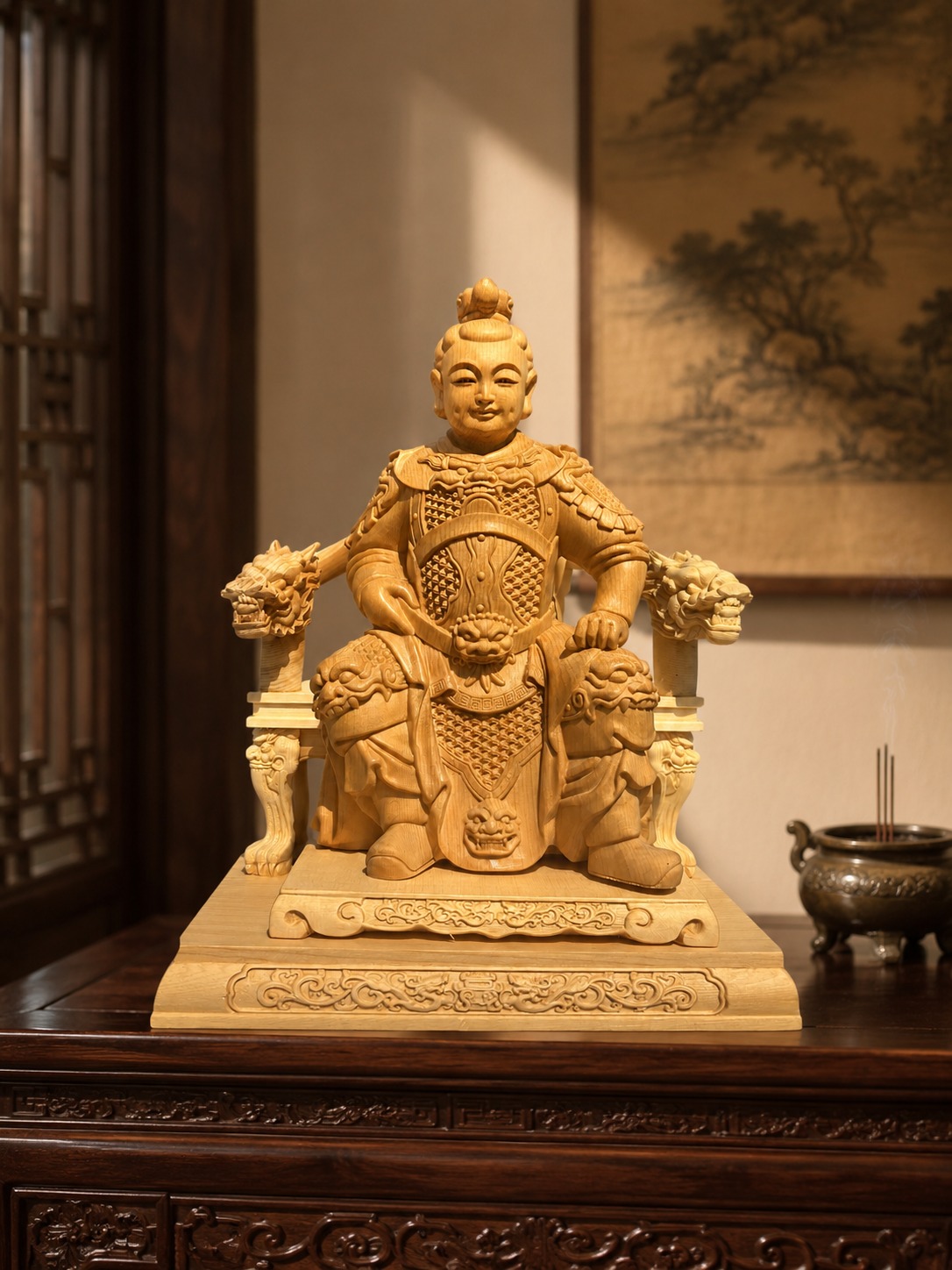 Nezha Wood Statue Third Prince Marshal Figurine, approved main product view.