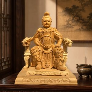Nezha Wood Statue Third Prince Marshal Figurine, approved scene product view.
