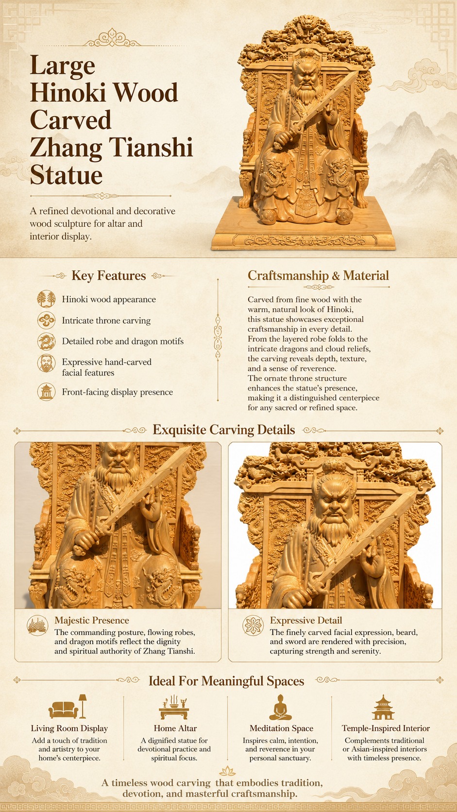Zhang Daoling of Longhu Mountain Wood Statue, approved detail product view.